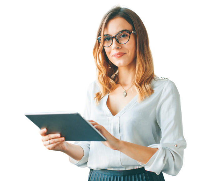 A woman uses her tablet to connect.