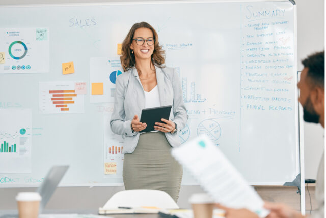 Woman uses her language skills to present her ideas successfully. 