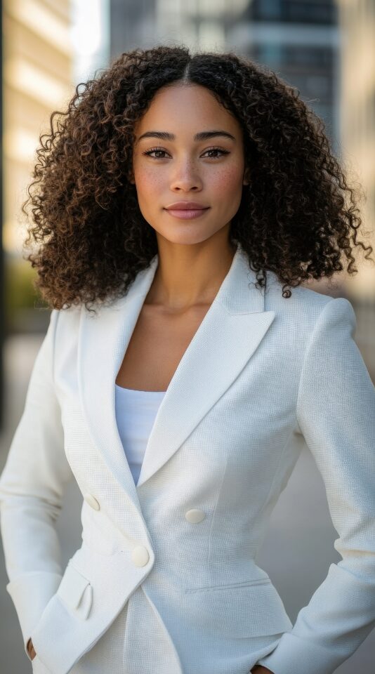 A woman dressed in business professional attire shows fearless confidence.