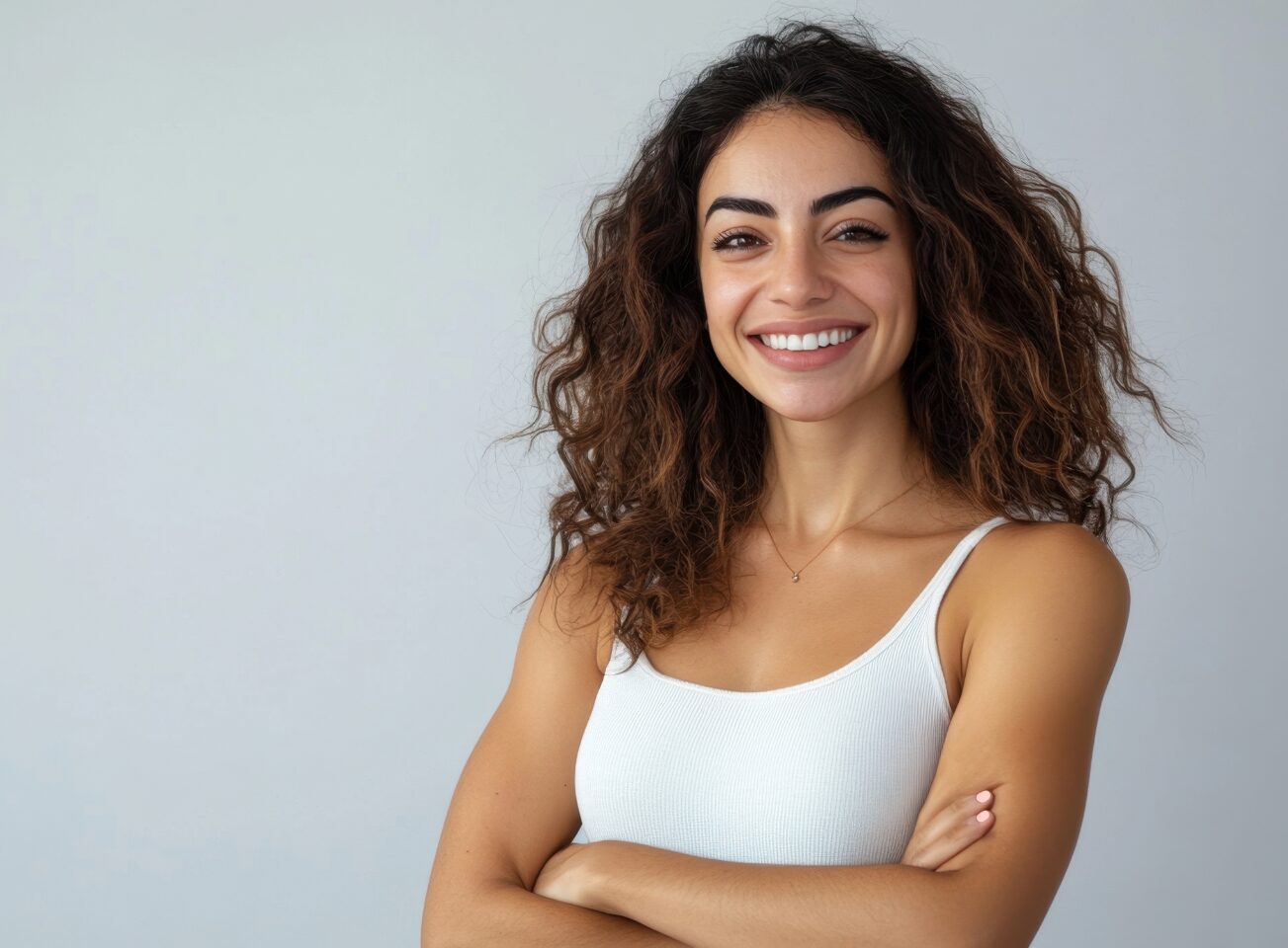 A woman looks confident with her arms crossed and a big smile.