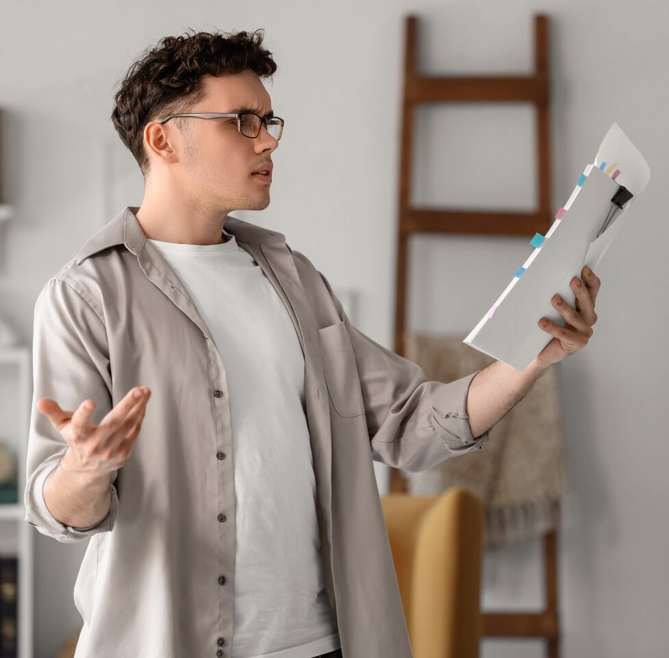 A young man practices by reading aloud.