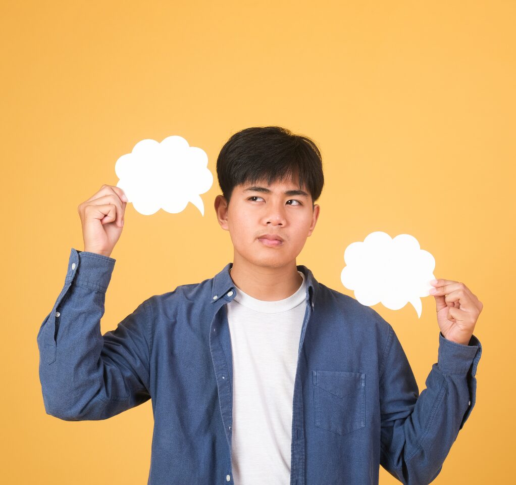 A man is insecure about how to express his thoughts.