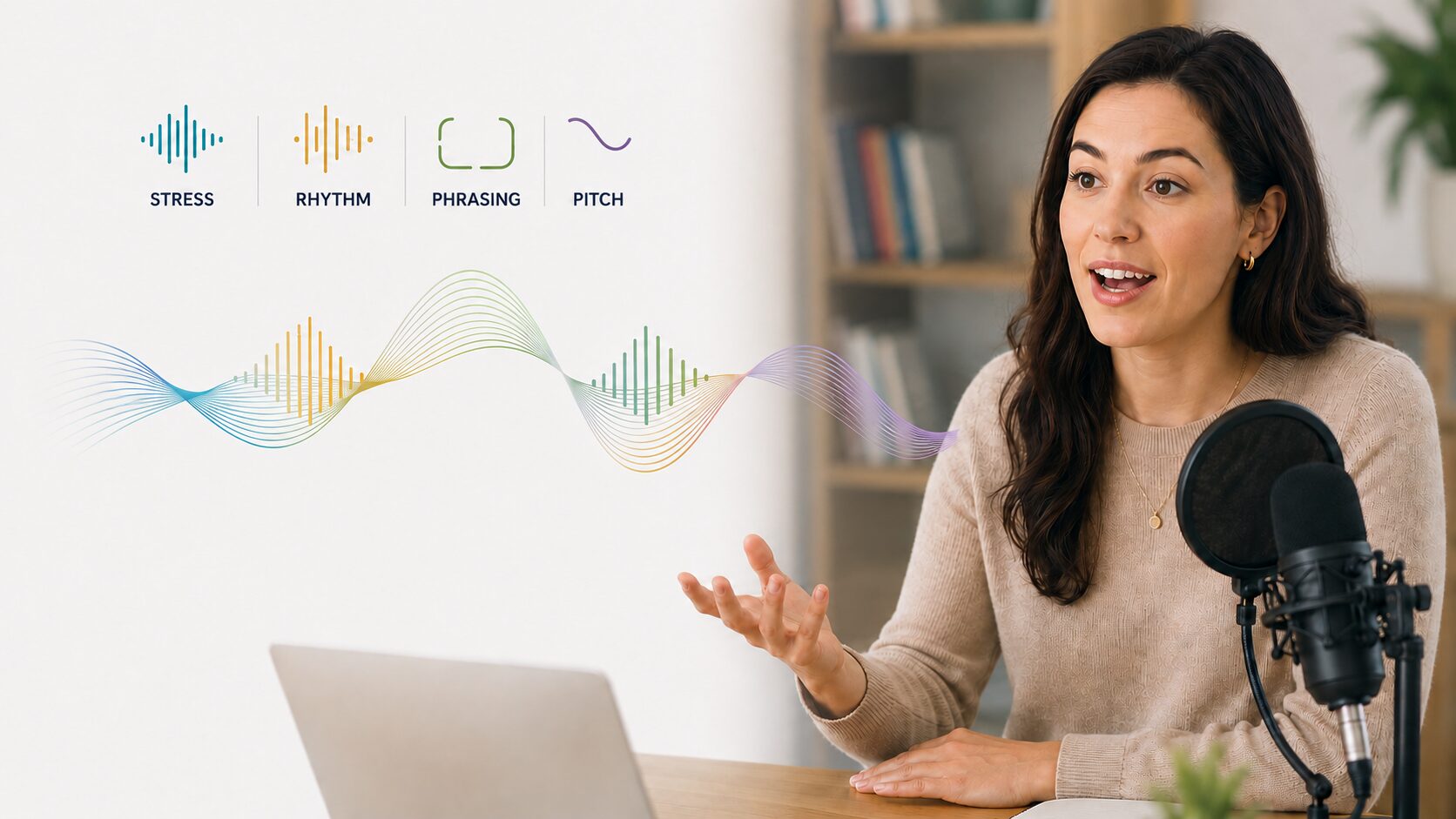 A woman speaks into a mic with the  words, "Stress, Rhythm, Phrasing, Pitch" over her voice waves.