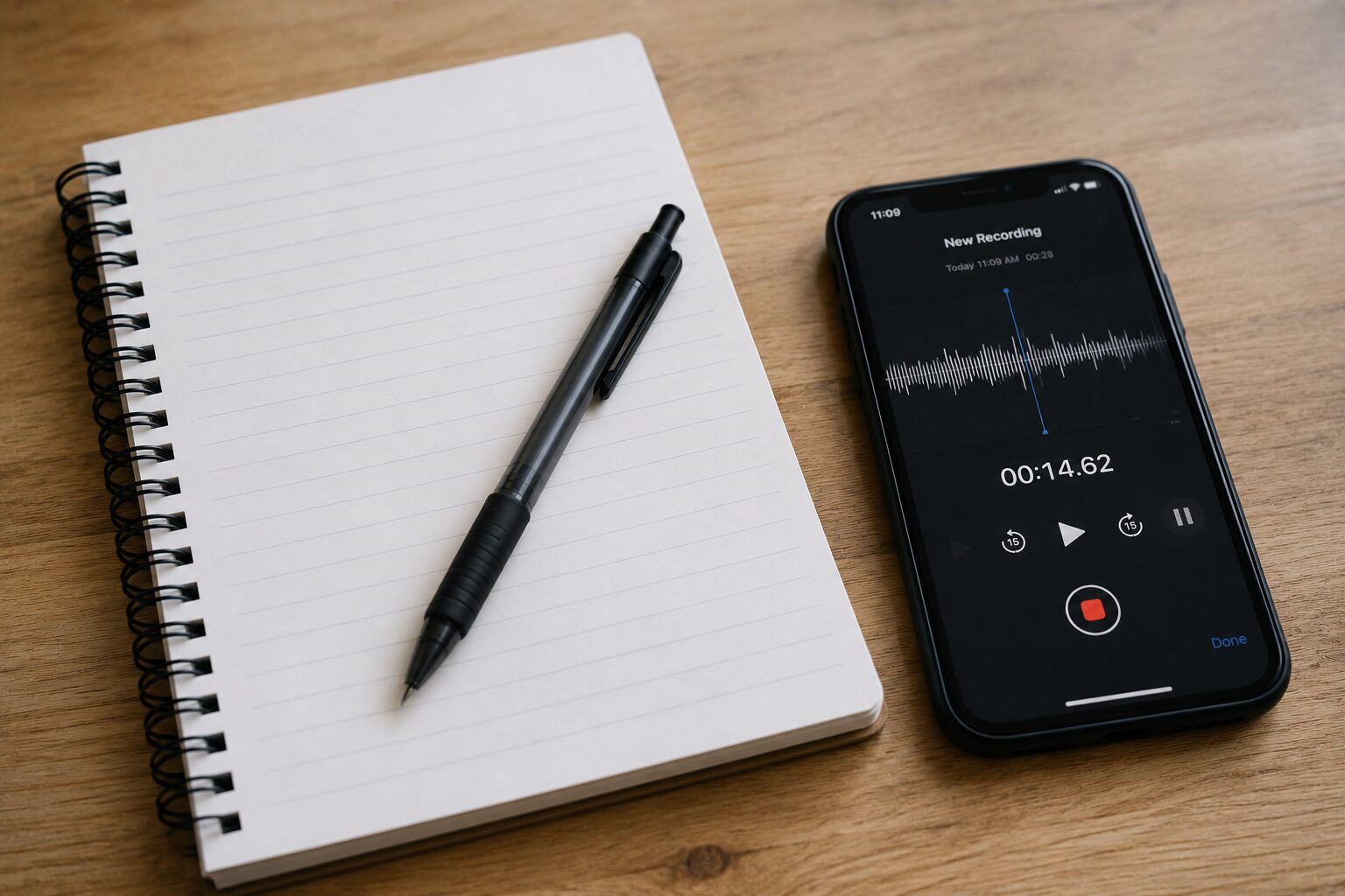 A notebook and pen lays on the table with a phone beside it displaying a voice recording app
