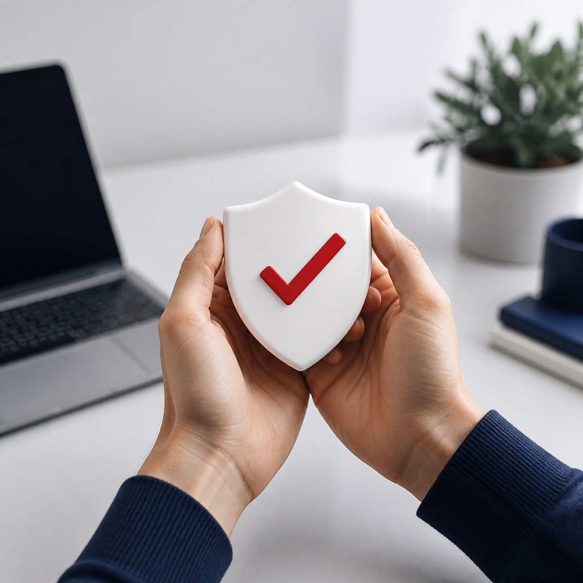 Hands holding a protection shield with a red check mark beside a laptop